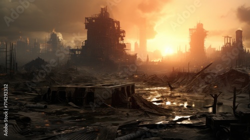 modern city devastated by explosions and chaos  apocalipse