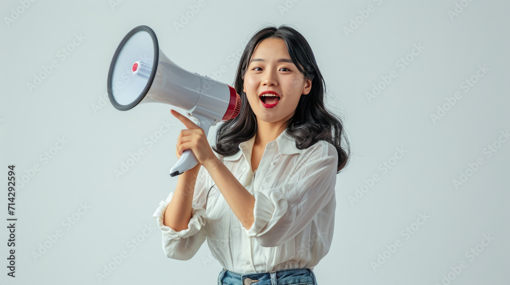 Woman is joyfully shouting into a megaphone against a vibrant colored background. Woman is joyfully shouting into a megaphone against a vibrant colored background.