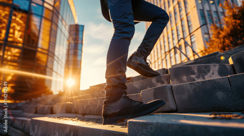 Lower half of a businessman in a suit climbing up stairs outdoors