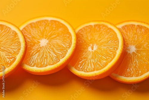 Bright and juicy orange slices artfully arranged on yellow background photo