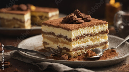 Slice of Tiramisu cake with coffi on a cup. photo