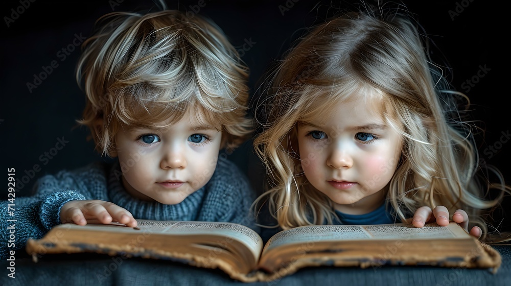 Curious children exploring an old book together in dim light. childhood innocence and learning moments captured beautifully. AI Curious children exploring an old book together in dim light. childhood innocence and learning moments captured beautifully. AI