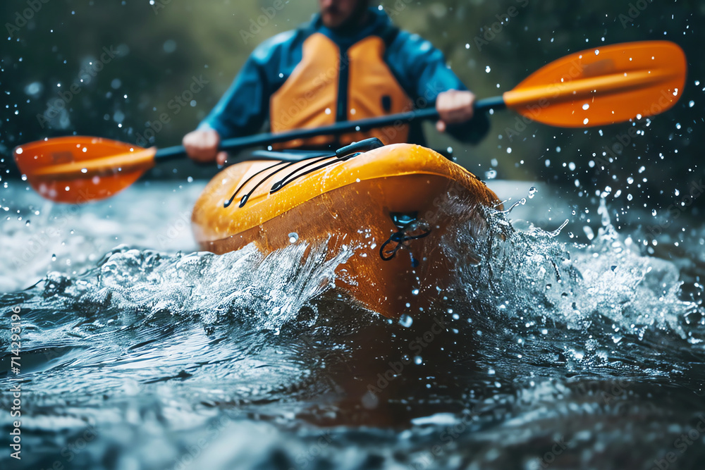 Fototapeta premium yellow kayak on the river in mountain, AI generated