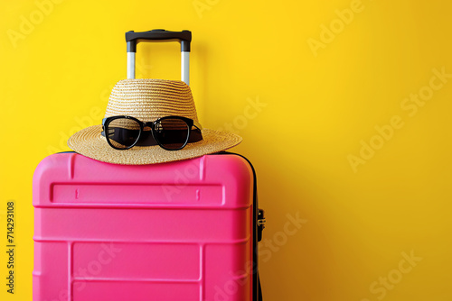 pink suitcase on yellow background, AI generated