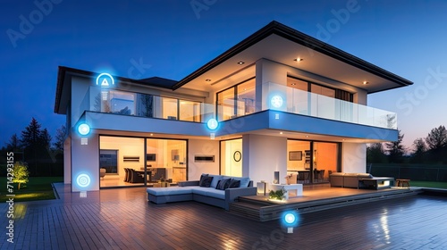 Smart home technology conceptual banner. Building consists digits and connected with icons of domestic smart devices. illustration concept of System intelligent control house on blue background © Svetlana