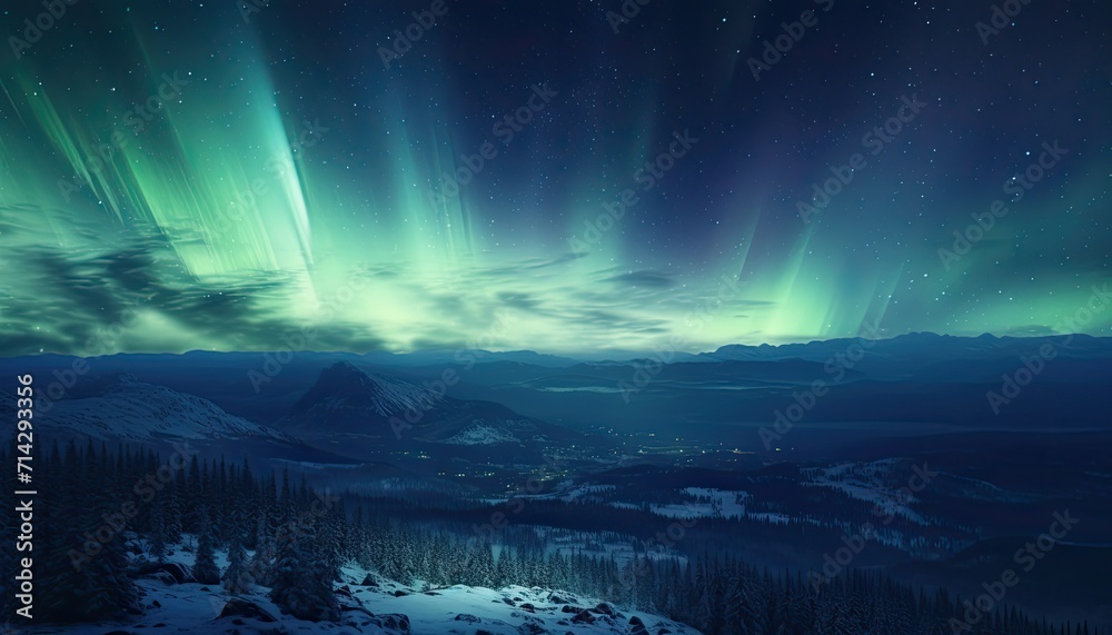 Fototapeta premium View of night sky with multicolored aurora borealis and snowy mountains peak background. Night glows in vibrant aurora reflection on the lake with forest. 
