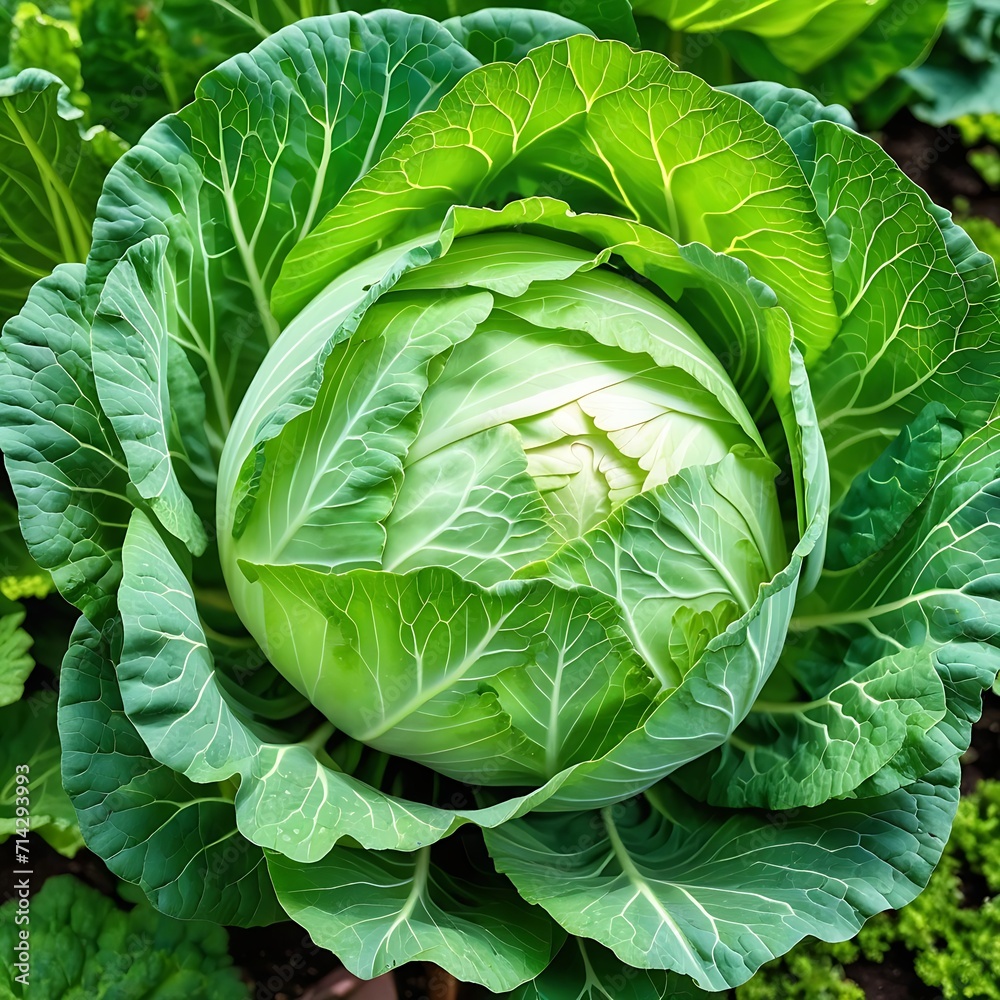 Fototapeta premium A ripe head of white cabbage in the garden