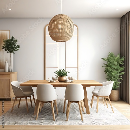 3D Rendering Dinning room with wood table and Chair