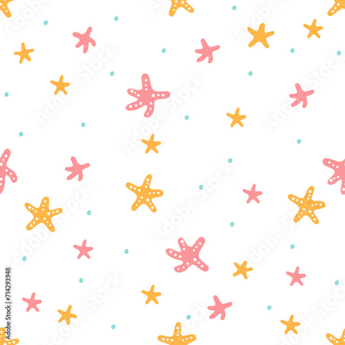 Seamless vector pattern. Cute pink and orange sea stars. Illustration in naive style. Vector illustration