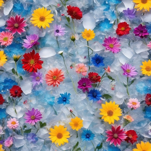 Abstract colorful art background with summer flowers frozen in ice
