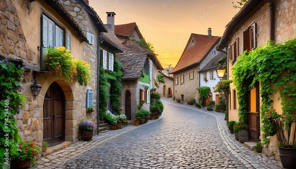 An enchanting village with cobblestone-paved streets. Quaint town, cobblestone pathways, old-world charm.