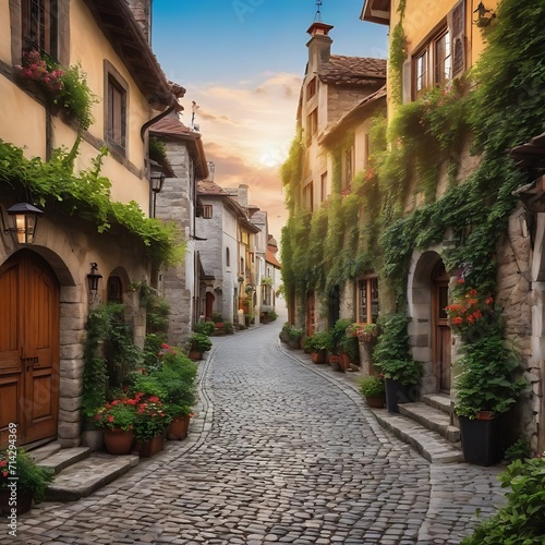 An enchanting village with cobblestone-paved streets. Quaint town  cobblestone pathways  old-world charm.