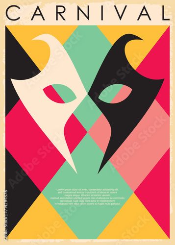Flyer design concept for carnival or masquerade. Retro carnival poster design with mask on colorful background. Geometric pattern vector image.