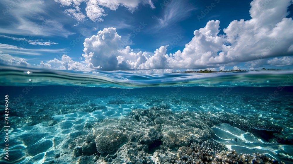 Above and below surface of the Caribbean sea with coral reef underwater and a cloudy blue sky. - obrazy, fototapety, plakaty 