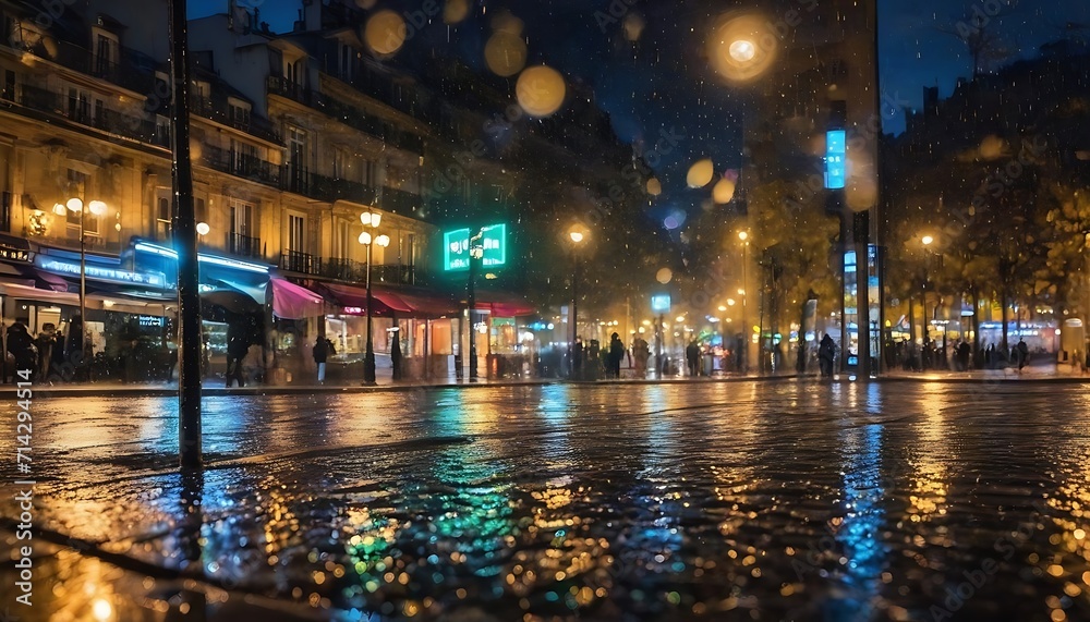 As the rain cascaded down the colorful modern streets of Paris, the abstract bokeh of street lights danced on the textured glass windows, creating a mesmerizing display of light and water, embodying