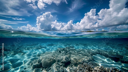 Above and below surface of the Caribbean sea with coral reef underwater and a cloudy blue sky. photo