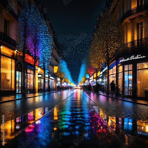 As the rain cascaded down the colorful modern streets of Paris, the abstract bokeh of street lights danced on the textured glass windows, creating a mesmerizing display of light and water, embodying
