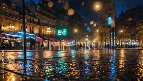 As the rain cascaded down the colorful modern streets of Paris, the abstract bokeh of street lights danced on the textured glass windows, creating a mesmerizing display of light and water, embodying © Antonio Giordano