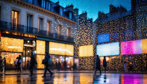 As the rain cascaded down the colorful modern streets of Paris, the abstract bokeh of street lights danced on the textured glass windows, creating a mesmerizing display of light and water, embodying © Antonio Giordano