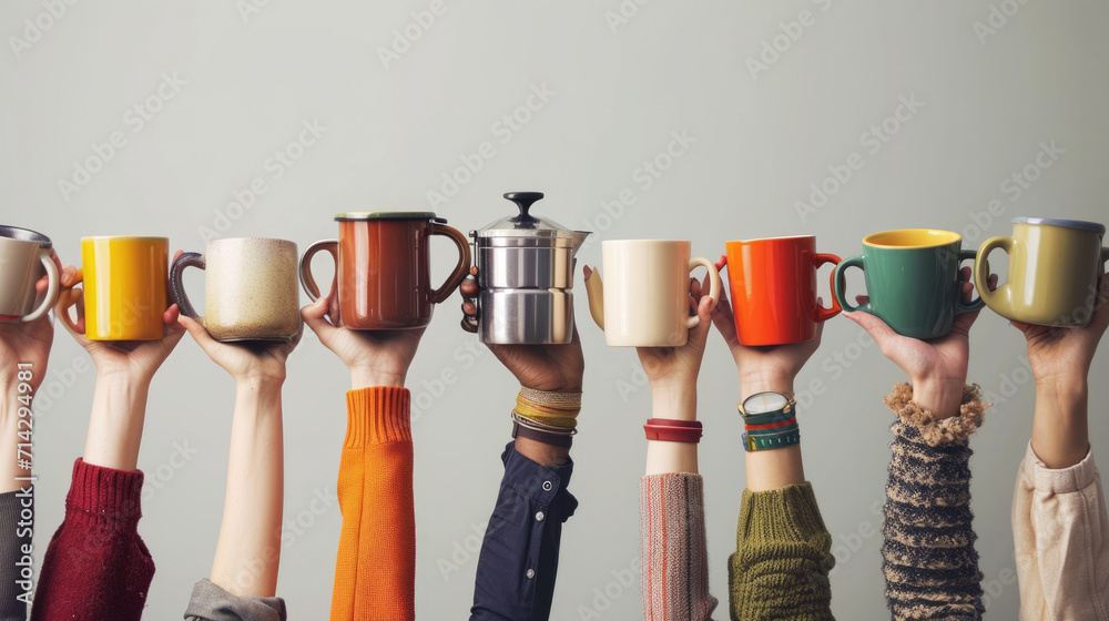 Multiple hands are raised, each holding a different type of coffee cup or coffee pot, showcasing a variety of colors and styles against a neutral background. - obrazy, fototapety, plakaty 