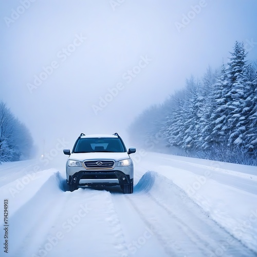 Car driving on snowy road in winter. Vehicle stuck in deep snow