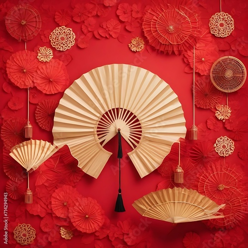 Chinese lanterns with fan background on a red background