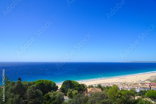 view from the moutains over the beautiful sandy beach at Atlanterra  Playa de Atlanterra  Zahara de los Atunes  Costa de la Luz  Andalusia  Spain
