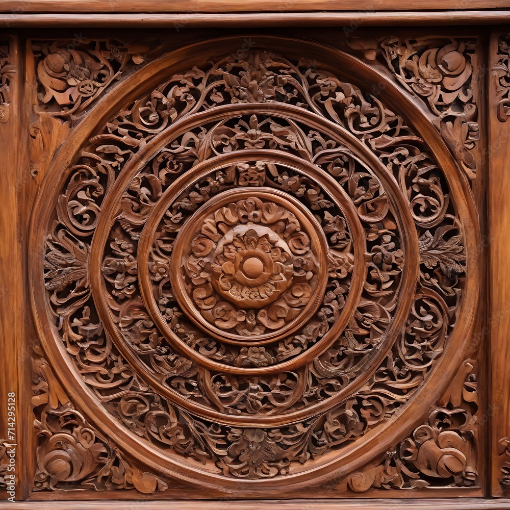 Close-up of carvings on the wooden headboard