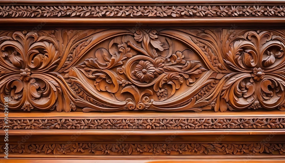 Close-up of carvings on the wooden headboard