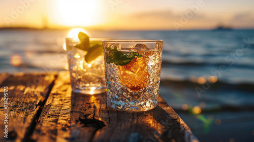 Two glasses of refreshing iced drink, garnished with mint leaves and lime slices, placed on a rustic wooden table with a soft-focus background photo