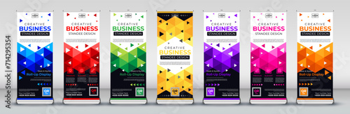 Business modern creative roll up banner design for business events, annual meetings, presentations, marketing, promotions in blue, red, green, yellow, purple, pink, orange and black