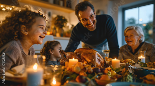 Family gathered around a dinner table, enjoying a festive meal with a roasted turkey, smiling and engaging in lively conversation. photo