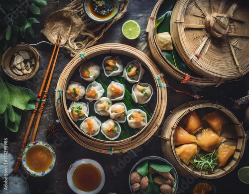 Dim Sum, a Chinese culinary treasure, features small, flavorful, and steamed delights, crafted with authenticity and served in bamboo baskets for a harmonious gastronomic experience. AI generation