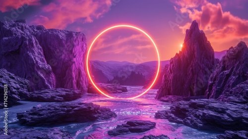 3d rendering illustration. Hoop or circle, Purple and red neon lights on the background of rocks and mountains. Neon frame for your design    
