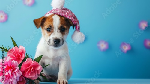 A cute Jack Russell Terrier broken puppy in a festive cap sits next to a bouquet of pink flowers on a blue background. Close-up. 