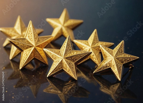 Elegant golden stars with detailed embossing on a reflective surface, depicting luxury and high status