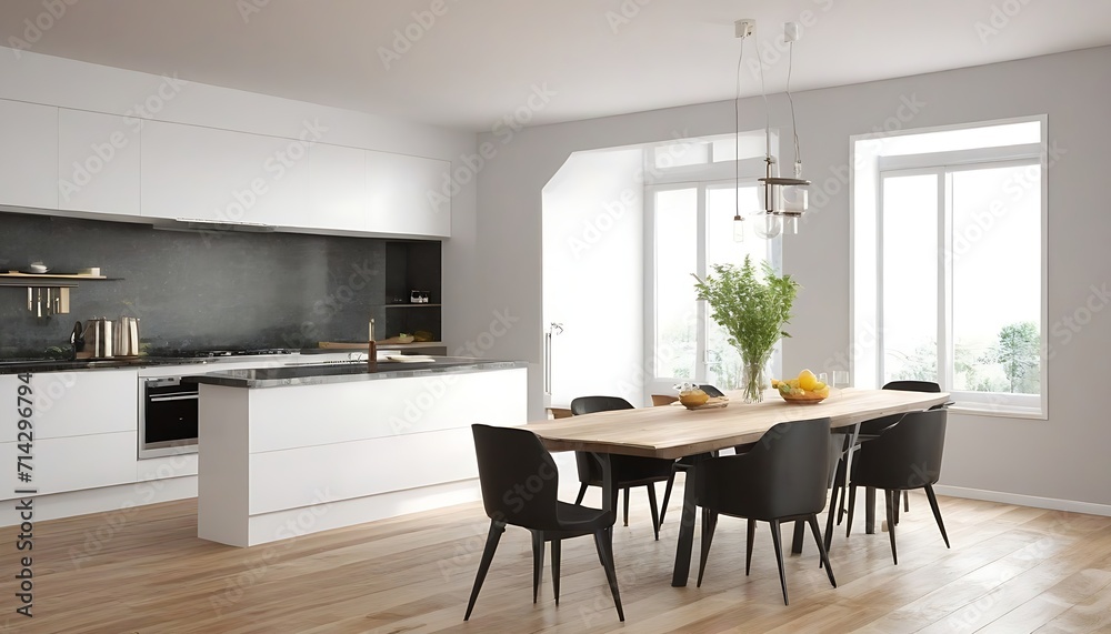 Modern dining room with kitchen on background - 3d rendering Modern dining room with kitchen on background - 3d rendering