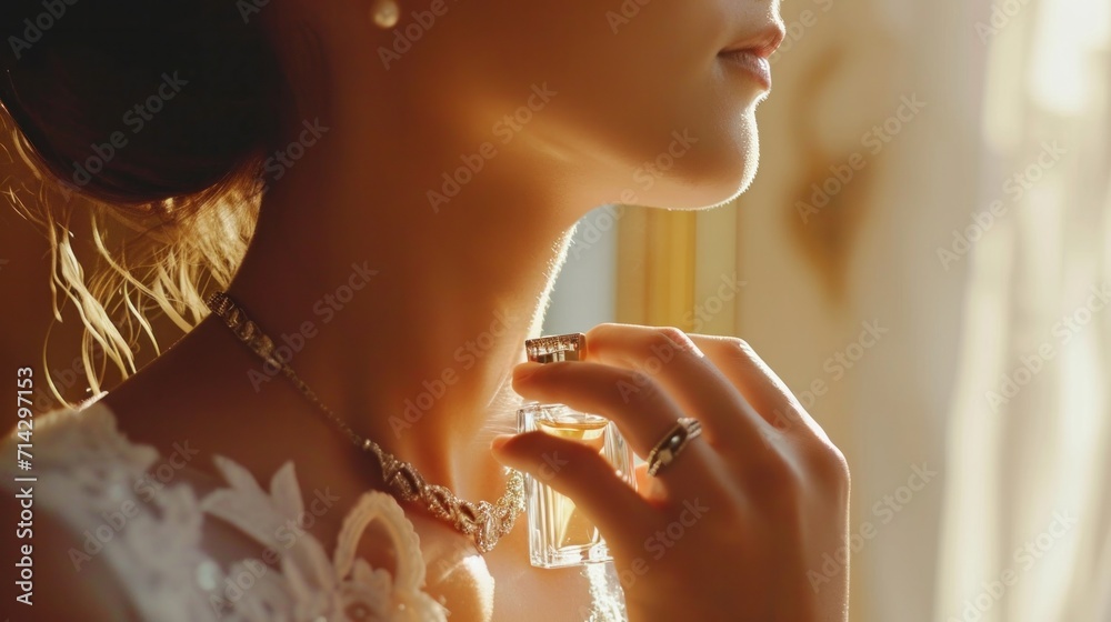 Beautiful woman spraying perfume on her neck. Slow motion close-up video     - obrazy, fototapety, plakaty 