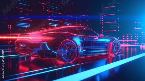 Automotive diagnostics in digital futuristic style. ?oncept for auto future or the development of innovations and technologies in vehicles. Vector illustration with light effect and neon 