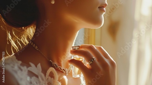 Beautiful woman spraying perfume on her neck. Slow motion close-up video     photo
