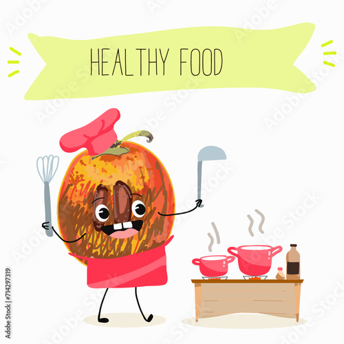 Cute  cartoon persimmon characters with different activities. Flat vector illustration, funny fruits. Organic food.