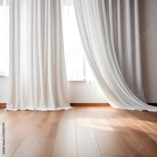 Shadow from white curtains on wooden floor background. Quality laminate flooring concept