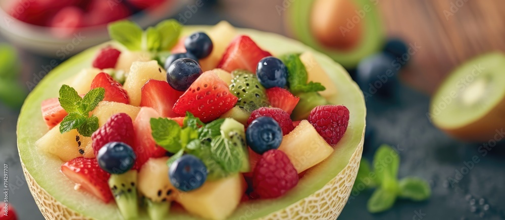 Melon cup with fruit salad, focused. Melon cup with fruit salad, focused.
