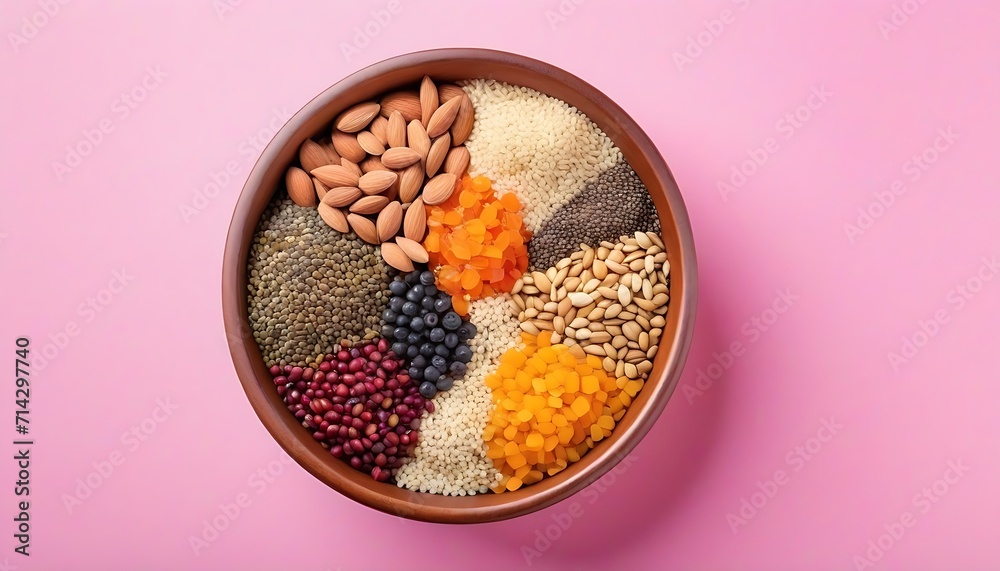 Various superfoods in smal bowl on colored background. Superfood as rice, chia, quinoa, lentils, nuts, sesame seeds, almonds. Top view copy space Various superfoods in smal bowl on colored background. Superfood as rice, chia, quinoa, lentils, nuts, sesame seeds, almonds. Top view copy space