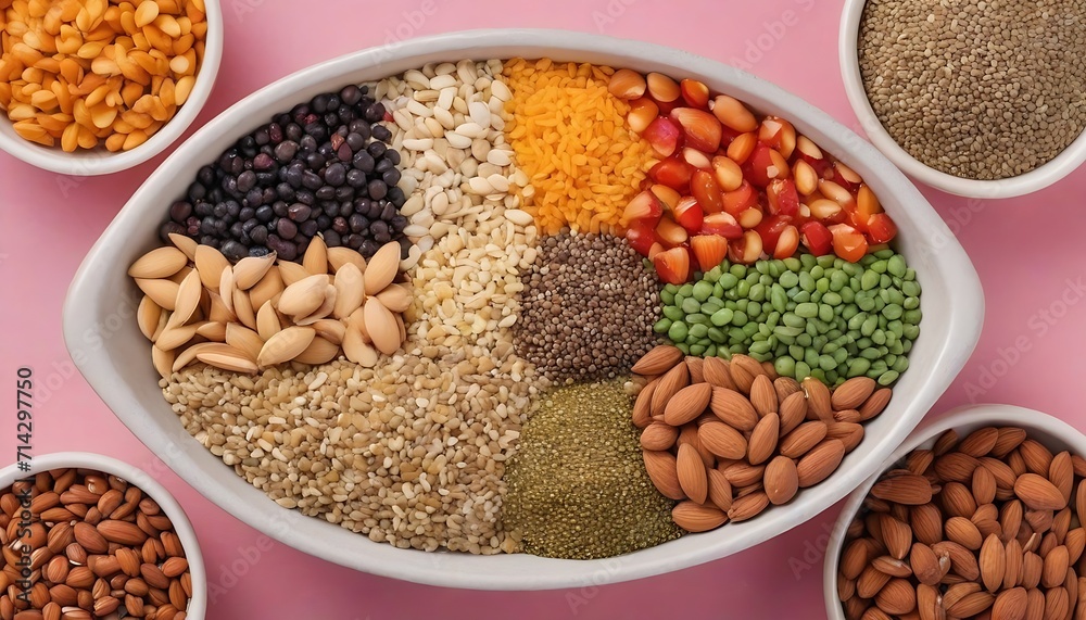 Various superfoods in smal bowl on colored background. Superfood as rice, chia, quinoa, lentils, nuts, sesame seeds, almonds. Top view copy space