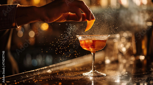 Bartender is performing a technique known as expressing or flaming an orange peel over a cocktail. photo