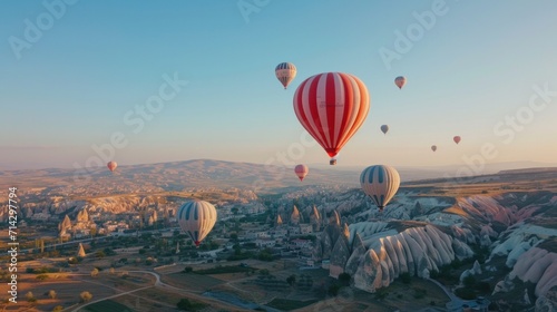 Drone - Hot Air Balloons, Cappadocia, Turkey 2023 - Flying towards red and white air balloon high with others over the city 