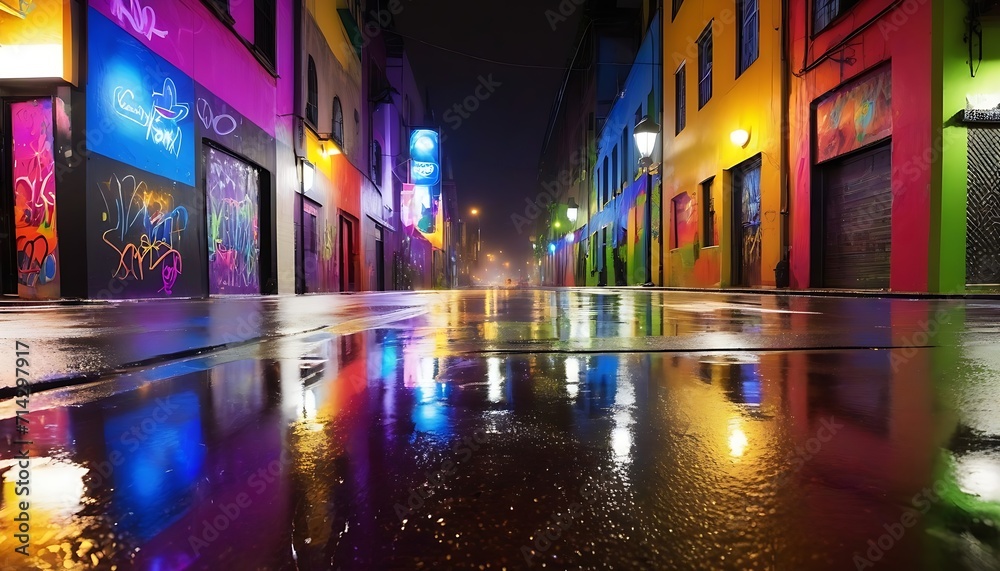 Wet city street after rain at night time with colorful light and graffiti wall