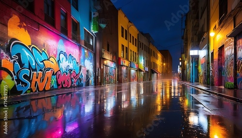 Wet city street after rain at night time with colorful light and graffiti wall