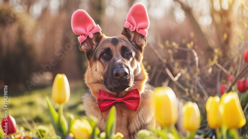 German Shepherd wears red bow tie and pink Easter bunny ears. Dog outside with bouquet spring flowers yellow tulips. Tilts head to side as sign attention. Concept pet celebrates Catholic Easter. 
